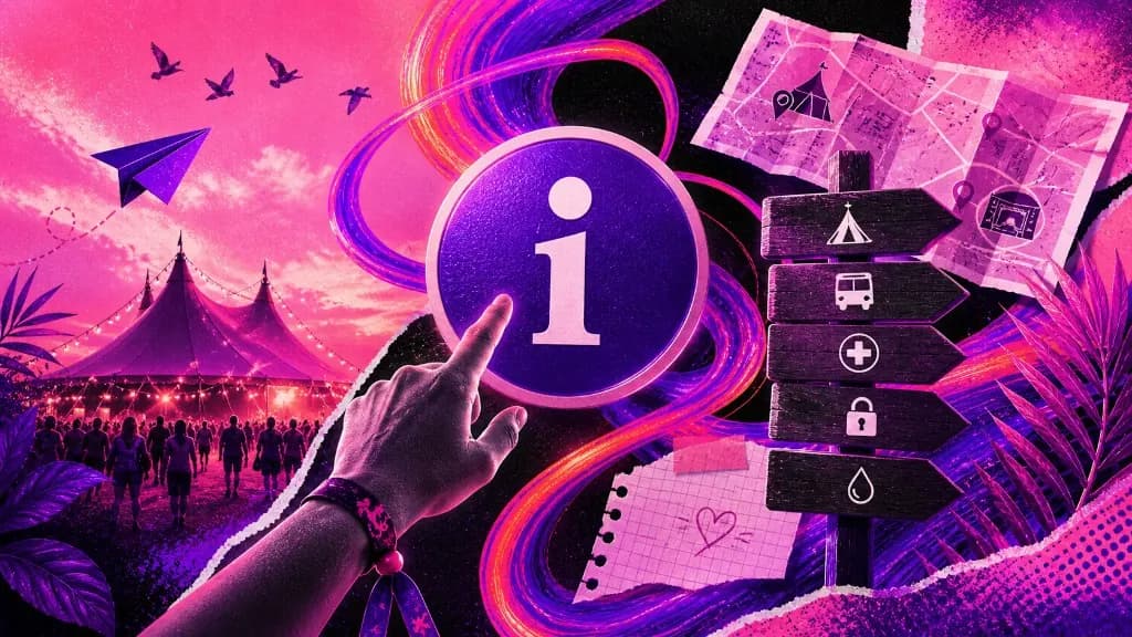 Collage: Info-Button, Wegweiser mit Festival-Services, Zelt und Karte